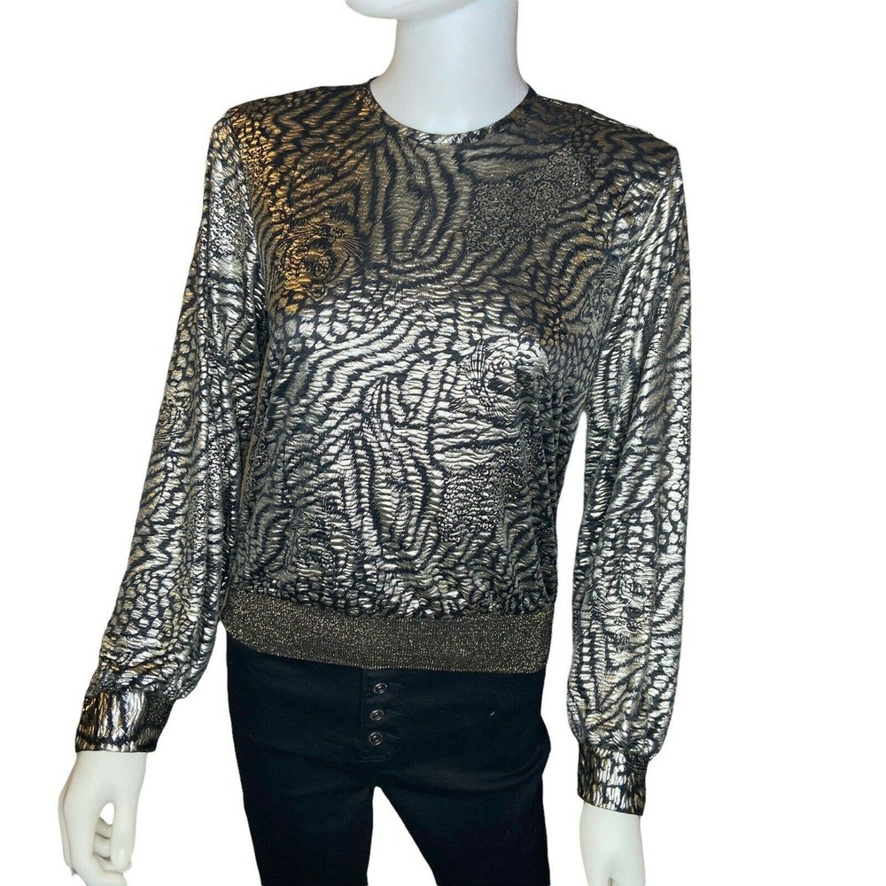 Vintage 80s Judy Bond Gold Foil Tiger Animal Print Blouse vtg sz 6 modern XS